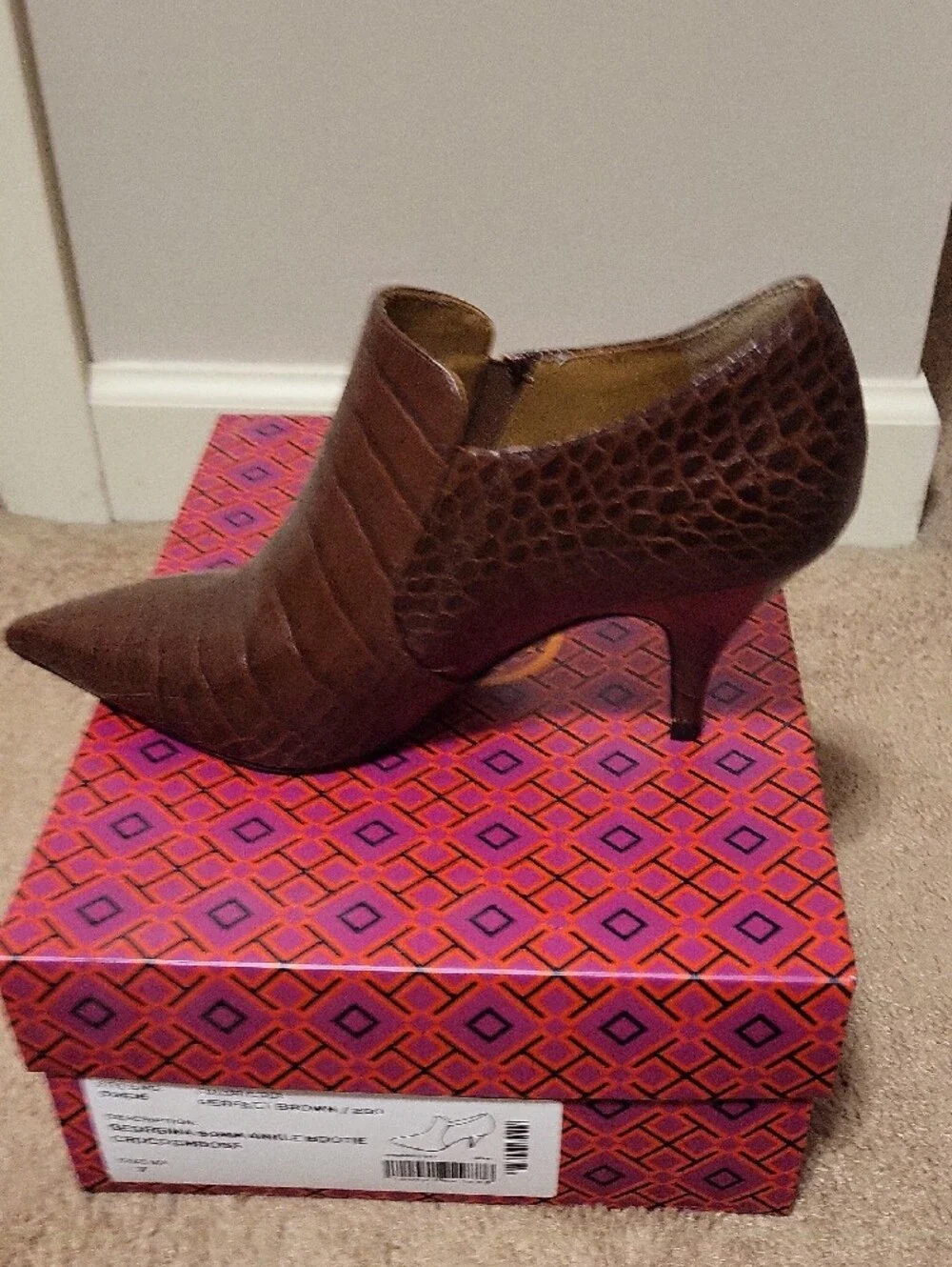Tory Burch Croc-Embossed Brown Pointed Ankle Booties